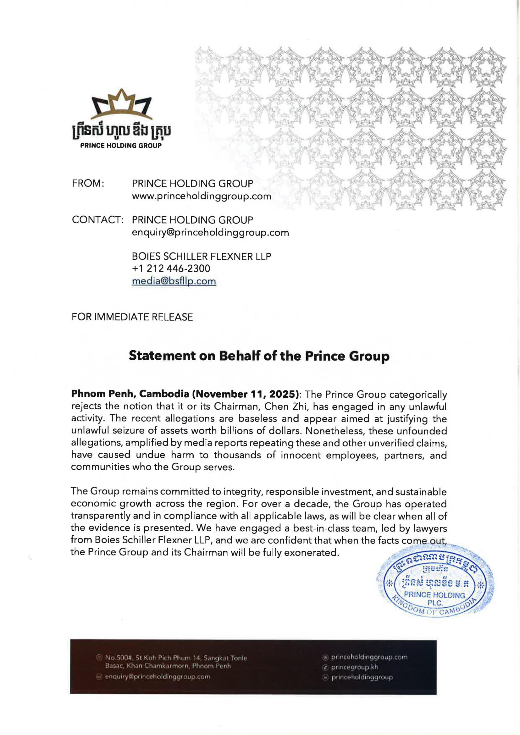 PRINCE GROUP AND CHAIRMAN CHEN ZHI ENGAGE TOP US LAW FIRM, CONFIDENT OF FULL EXONERATION AMID ALLEGATIONS